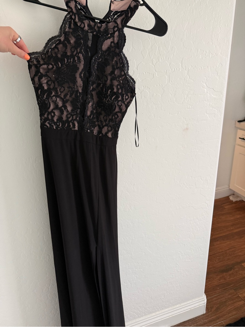Morgan & Co. Black Lace Halter Jumpsuit